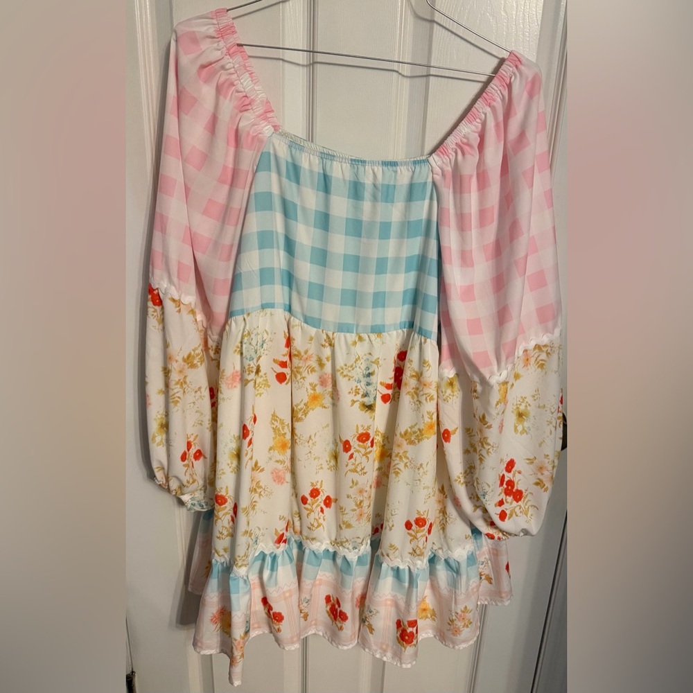 Pink Ric Rac Plaid Floral Print Patchwork Bubble Sleeve Dress, Large, Boutique - Picture 3 of 9